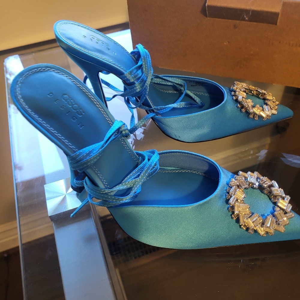 Blue satin strappy heels